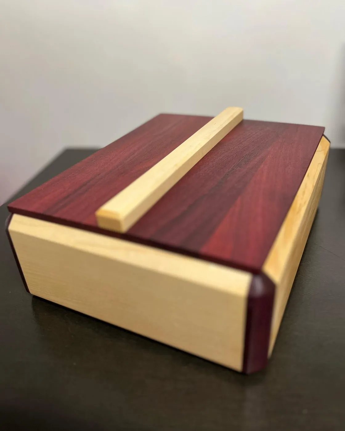 Handmade wood keepsake box with purpleheart and maple contrast