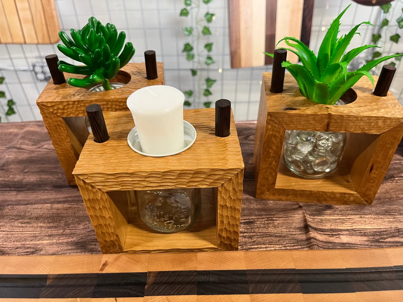 Small handmade wooden holder for ornaments or display items