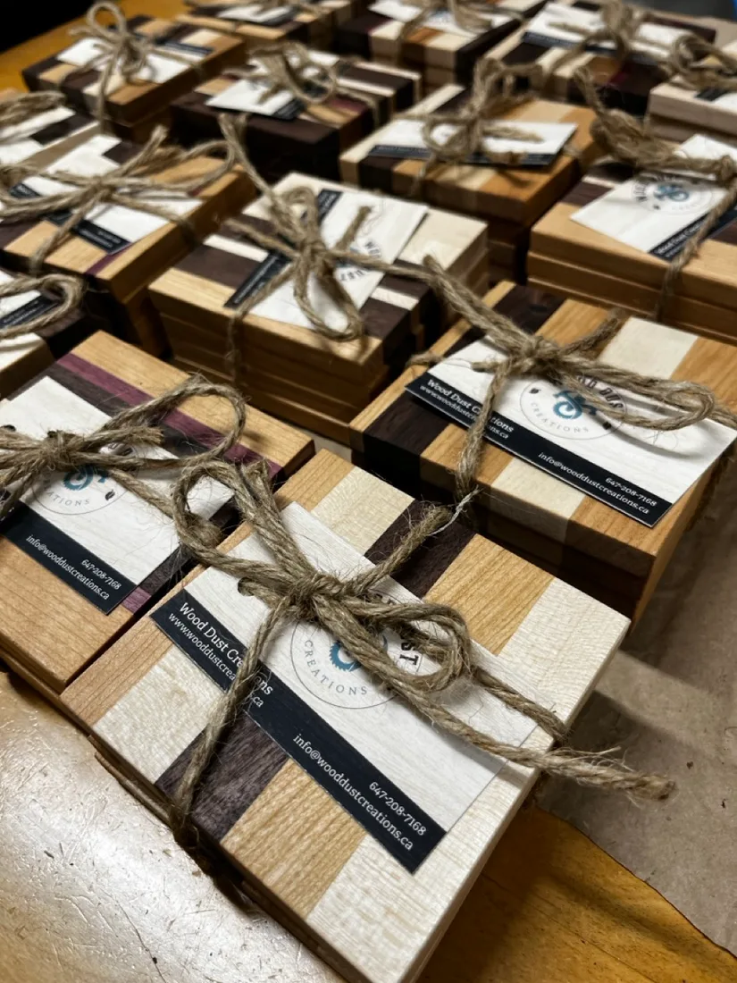 Set of handmade wooden coasters with varied grain patterns