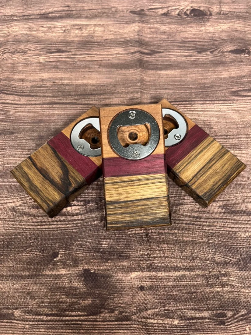 Handmade wooden bottle openers with different hardwood handles