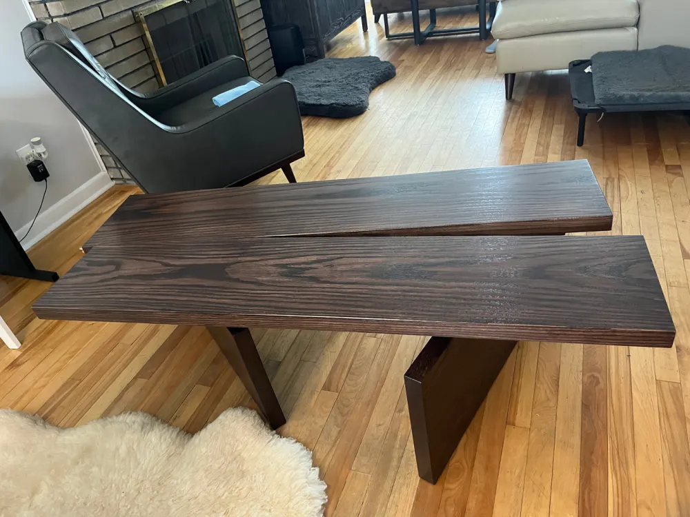 Custom red oak coffee table with a V-shaped top